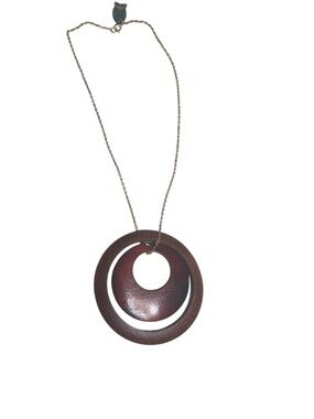 Boho Wooden Circle Pendant Necklace Long Gold Tone Chain Owl Clasp Statement